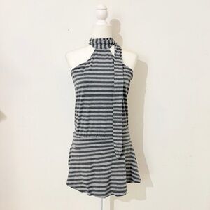 y2k gray striped halter backless mini dress with scarf tie, like jaded london